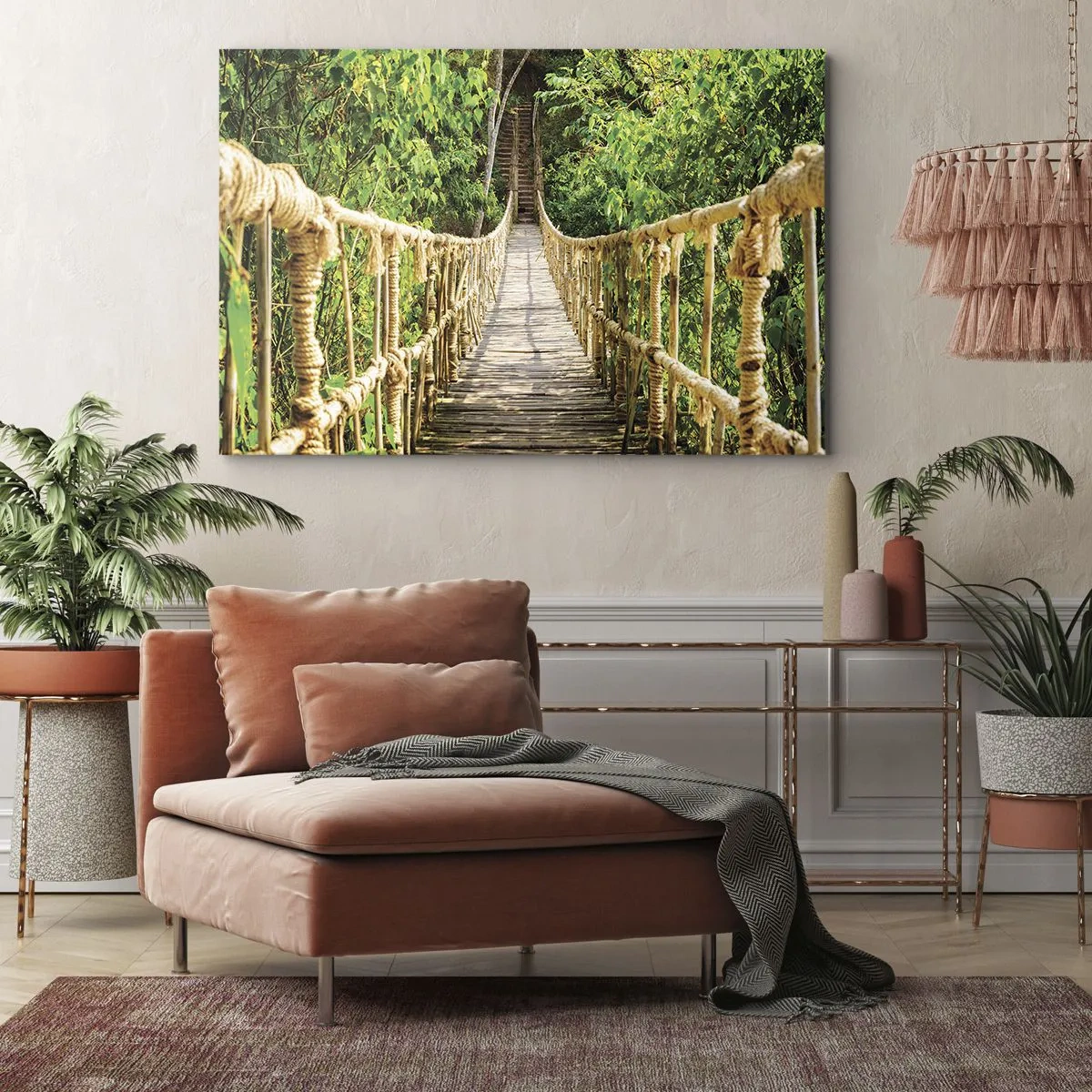 Obraz na plátne - Visutý most v tropickom lese plnom zelene - 70x50cm - Zavesený v zelenej - Moderná nástenná dekorácia do obývacej izby a spálne ARTTOR