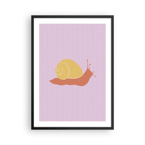 Plagát v čiernom ráme - Minimalistická grafika slimáka na pastelovom pozadí - 50x70cm - Nie je kam sa ponáhľať - Moderná nástenná dekorácia do obývacej izby a spálne ARTTOR