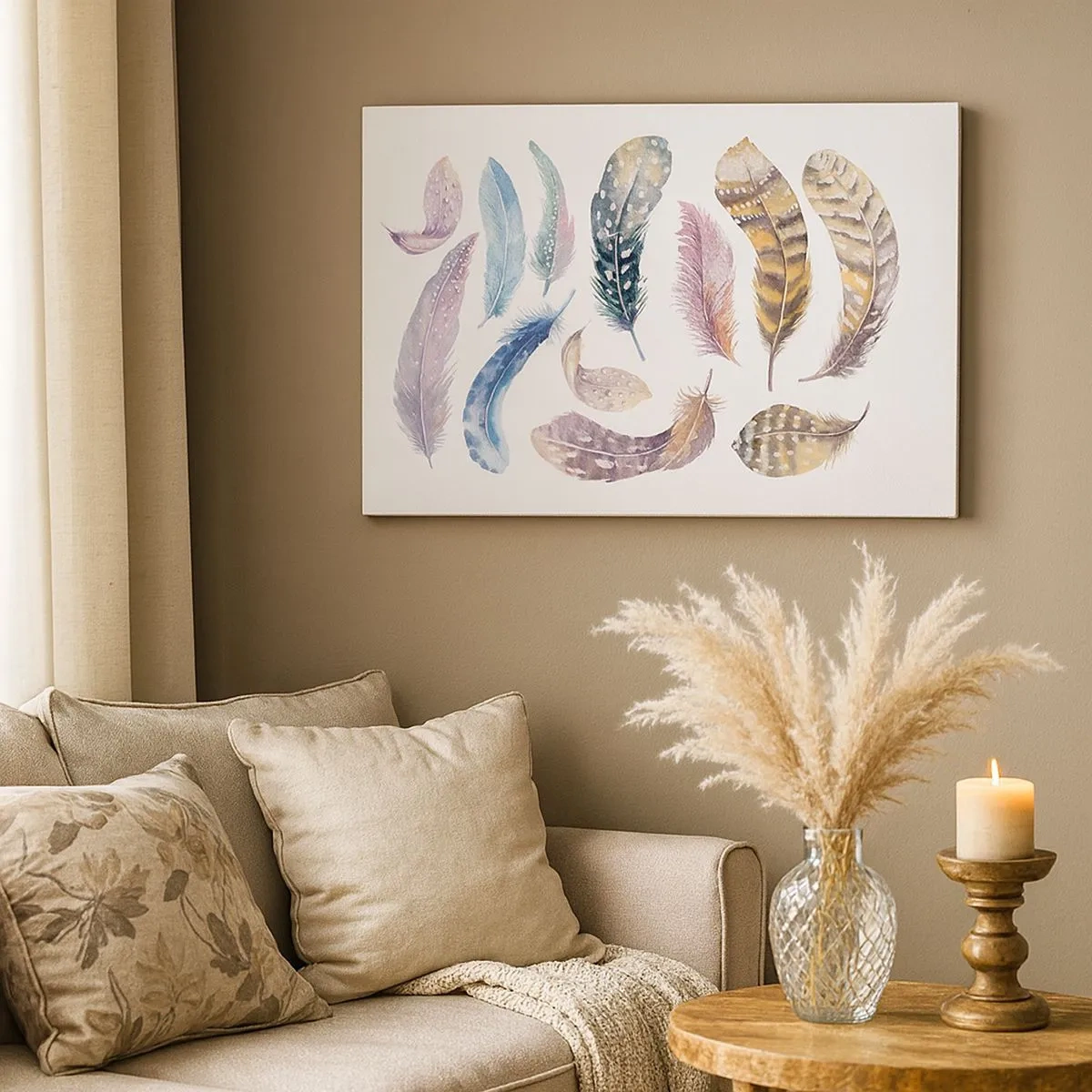 Obraz na plátne - Farebné perie v jemnom akvarelovom štýle - 70x50cm - Ľahké, strakaté a viacfarebné - Moderná nástenná dekorácia do obývacej izby a spálne ARTTOR