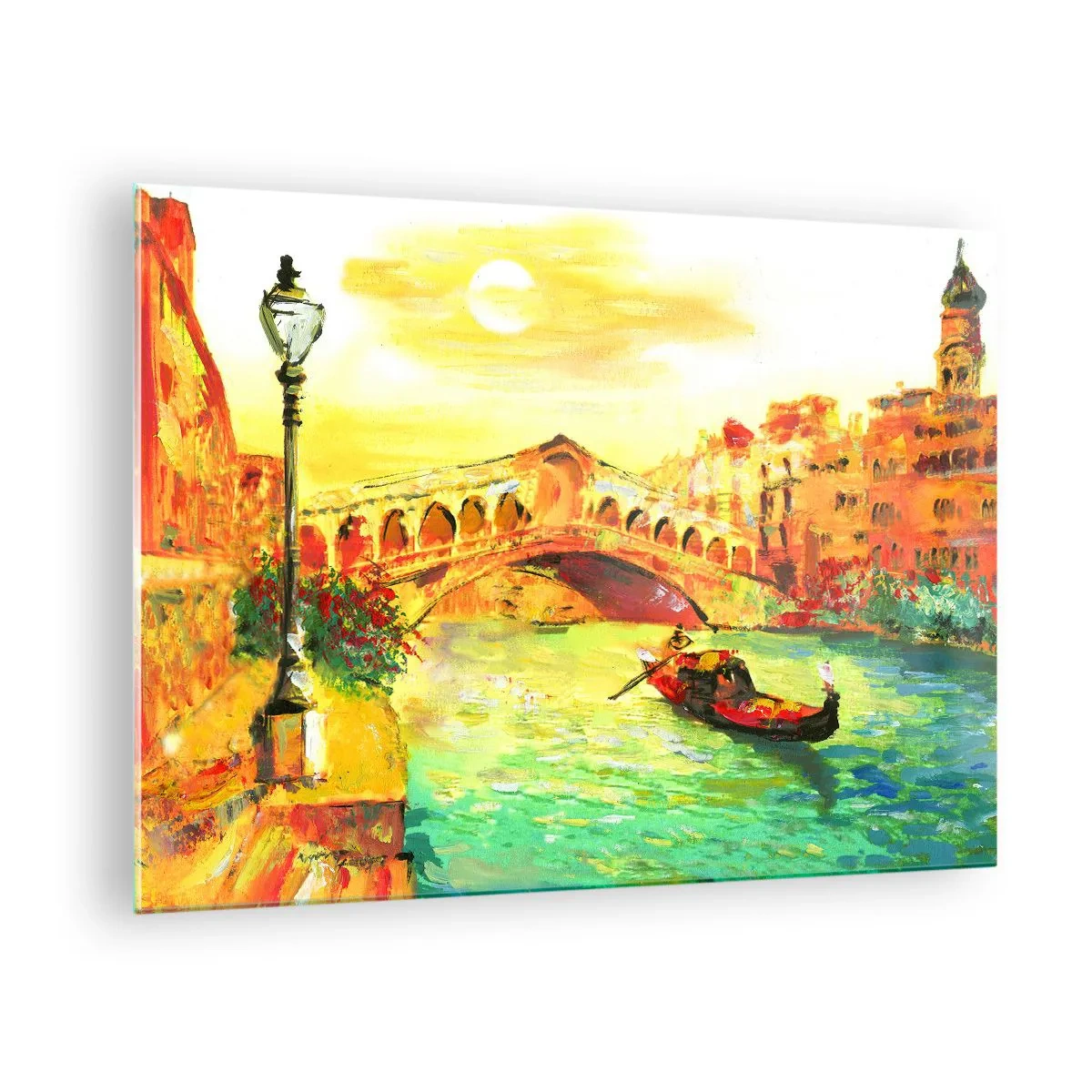 Obraz na skle - Kanál s gondolou a mostom v lúčoch zapadajúceho slnka - 70x50cm - Púť zamilovaných - Moderná nástenná dekorácia do obývacej izby a spálne ARTTOR