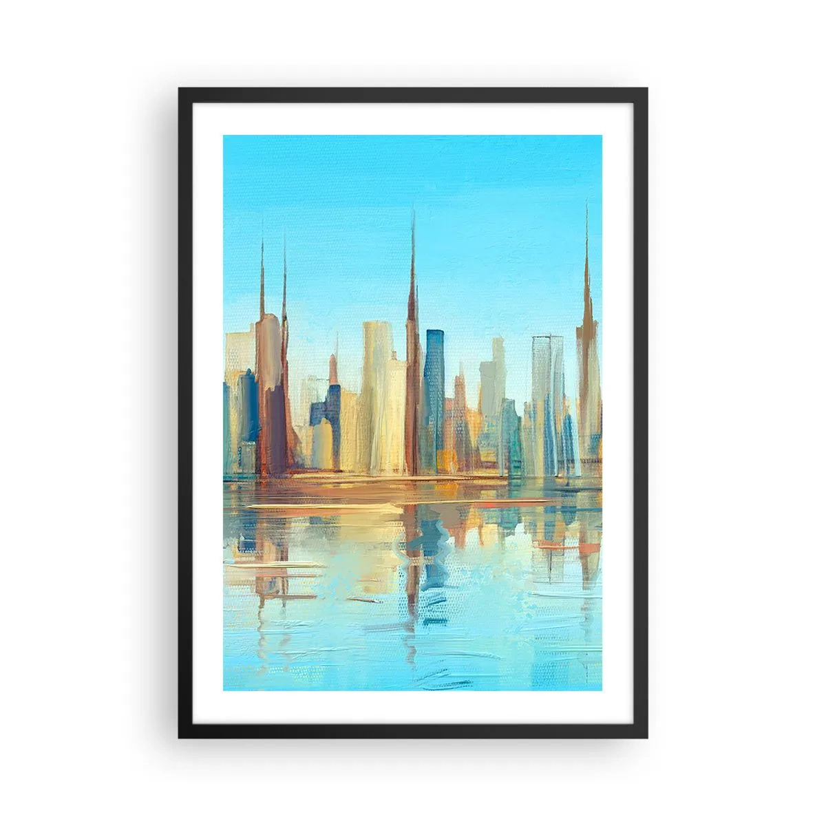 Plagát v čiernom ráme - Farebná panoráma mesta s odrazom vo vode - 50x70cm - Slnečná metropola - Moderná nástenná dekorácia do obývacej izby a spálne ARTTOR
