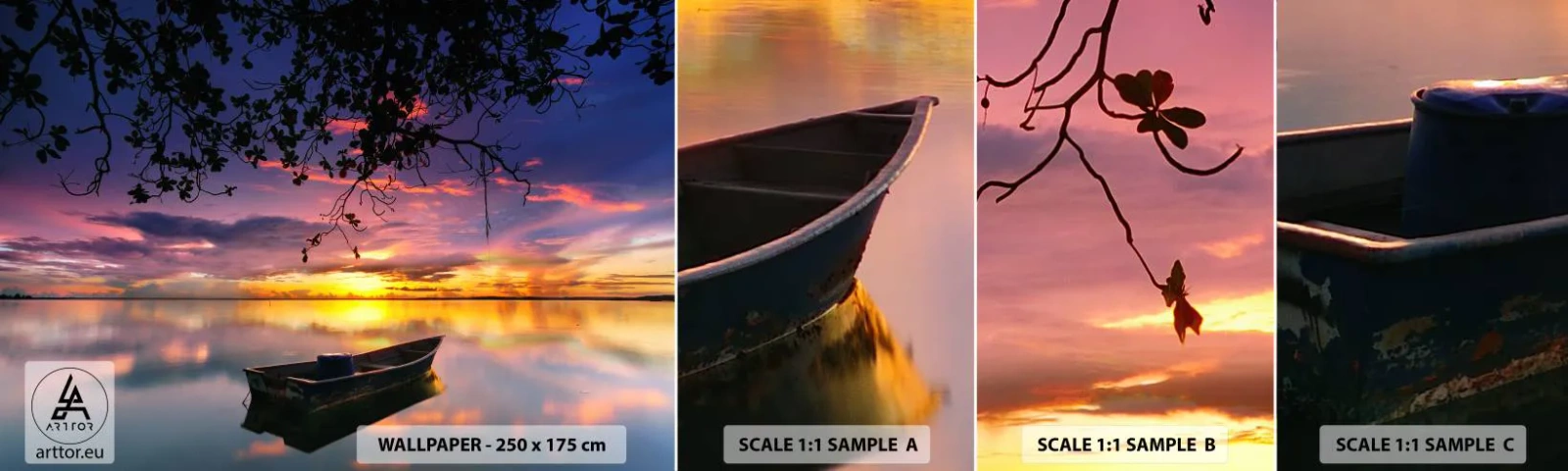 Vzorka samolepiacej fototapety Deluxe Sticker - „Zdá sa, že visíš uprostred neba…“ - Krajina, Západ slnka, Jazero - 100x30 cm