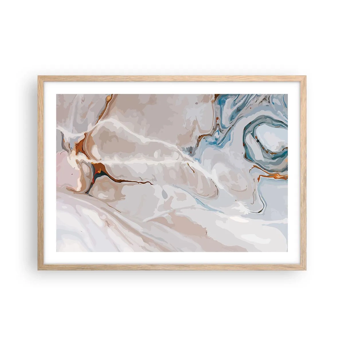 Plagát v ráme zo svetlého duba - Modré meandre pod bielou - 70x50 cm