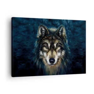 Obraz na plátne - Portrét vlka na tmavomodrom pozadí - 70x50cm - Alfa? A omega - Moderná nástenná dekorácia do obývacej izby a spálne ARTTOR