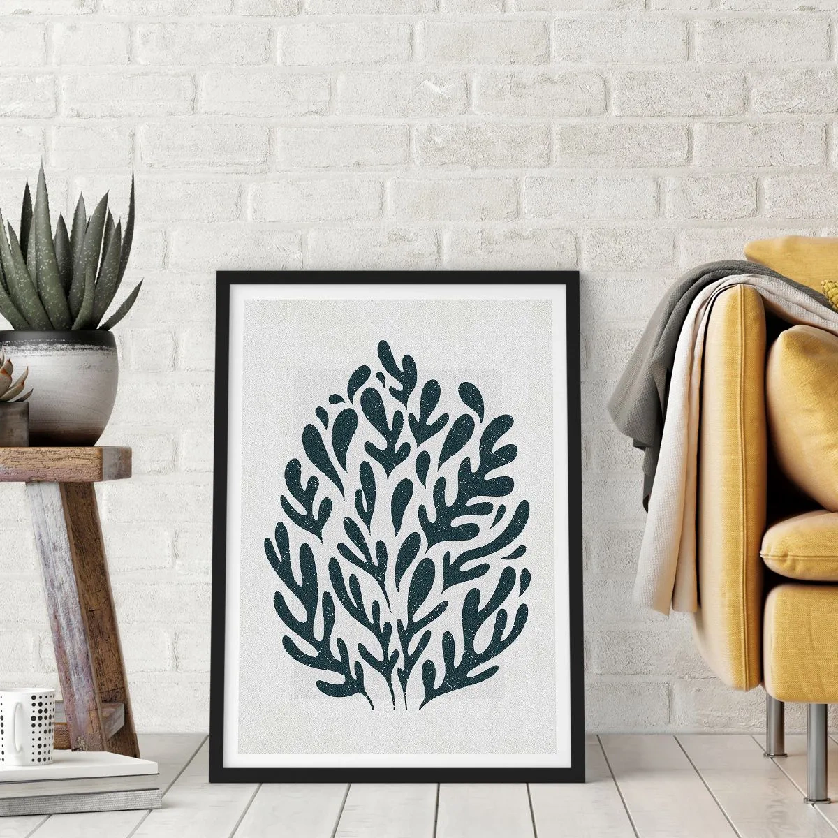 Plagát v čiernom ráme - Čierna rastlinná kompozícia na svetlom pozadí - 50x70cm - Tvary prírody - Moderná nástenná dekorácia do obývacej izby a spálne ARTTOR
