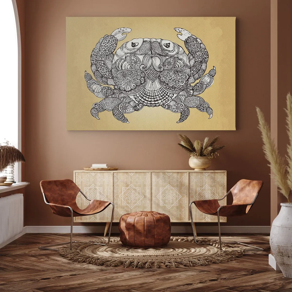 Obraz na plátne - Dekoratívna kresba kraba na zlatom pozadí - 70x50cm - Príbehy pána Kraba - Moderná nástenná dekorácia do obývacej izby a spálne ARTTOR