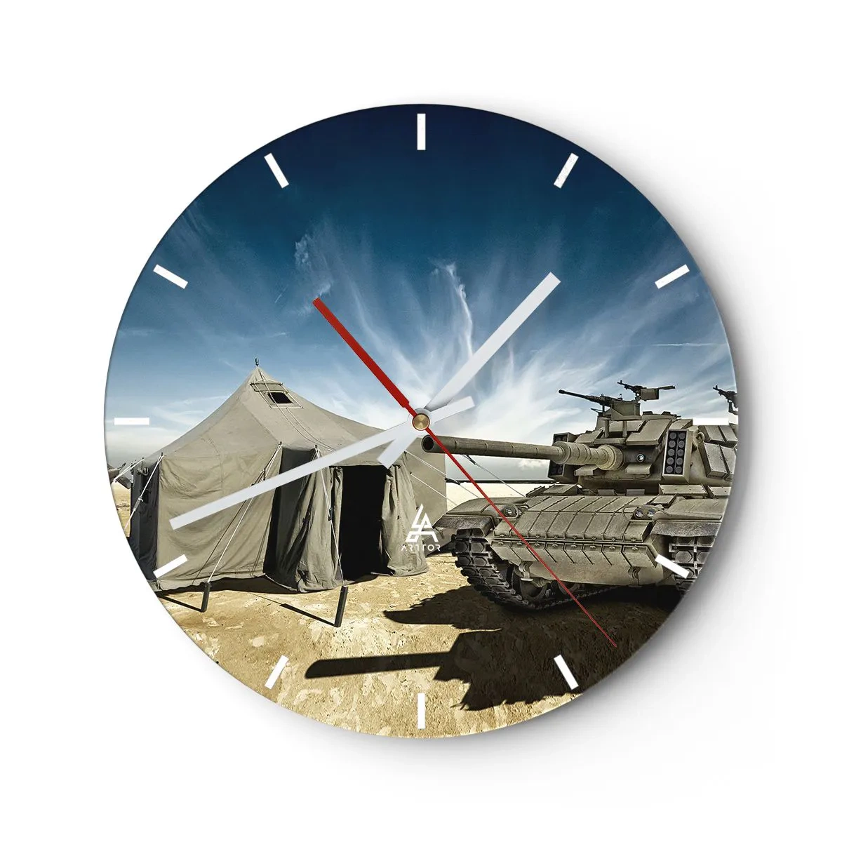 Nástenné hodiny - Tank a stan proti modrej oblohe - 30x30cm - Militantný sen - Moderná nástenná dekorácia do obývacej izby, kuchyne a spálne ARTTOR