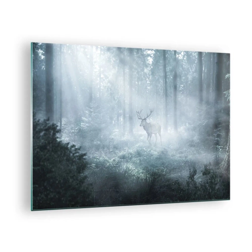 Obraz na skle - Jeleň v hmlistom lese osvetlenom lúčmi ranného slnka - 70x50cm - Ranná obchôdzka sídliska - Moderná nástenná dekorácia do obývacej izby a spálne ARTTOR