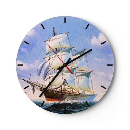Nástenné hodiny - Maľované plachetnice na rozbúrenom mori pod modrou oblohou - 30x30cm - Hrdo s vetrom - Moderná nástenná dekorácia do obývacej izby, kuchyne a spálne ARTTOR