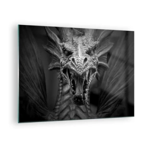Obraz na skle - Detailný portrét draka v čiernobielej farbe - 70x50cm - Rozprávkový drak v šedi - Moderná nástenná dekorácia do obývacej izby a spálne ARTTOR
