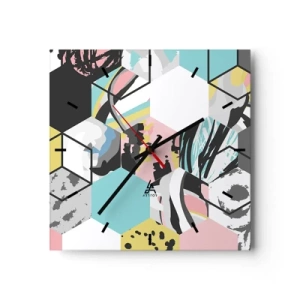 Nástenné hodiny - Šesťuholníky a kocky v šiestich farbách - 30x30 cm