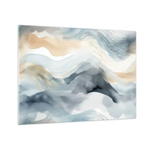 Obraz na skle - Abstraktné vlny v odtieňoch béžovej a modrej - 70x50cm - Abstrakcia snehu a hmly - Moderná nástenná dekorácia do obývacej izby a spálne ARTTOR