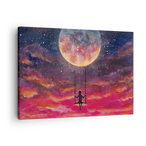 Obraz na plátne - Postava na hojdačke zavesená na pozadí mesiaca - 70x50cm - Stavať si vzdušné zámky - Moderná nástenná dekorácia do obývacej izby a spálne ARTTOR