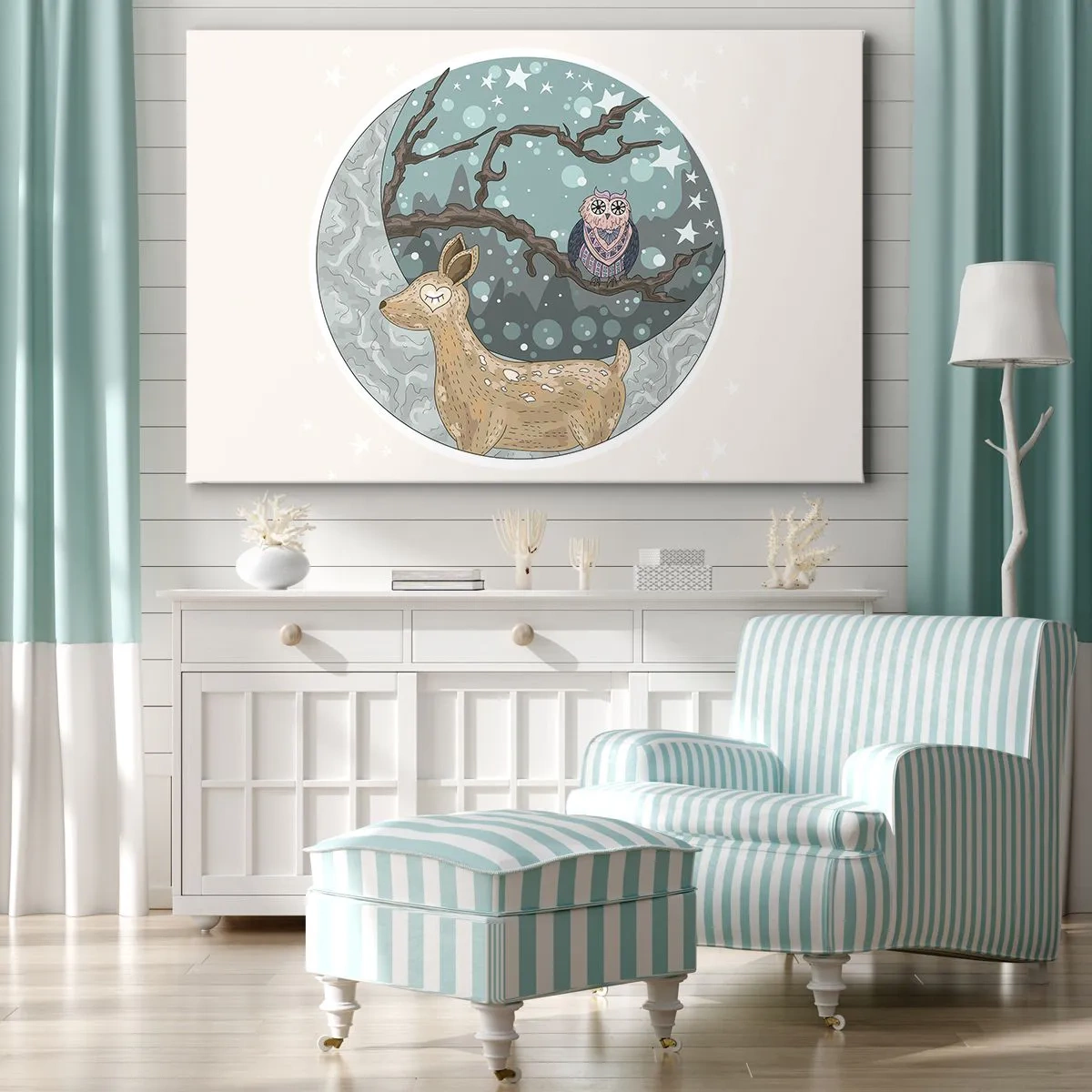 Obraz na plátne - Jeleň a sova v rozprávkovej nočnej krajine - 70x50cm - Rozprávková, lesná noc - Moderná nástenná dekorácia do obývacej izby a spálne ARTTOR