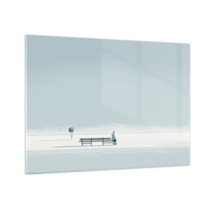 Obraz na skle - Postava na lavičke v minimalistickej krajine - 70x50cm - Áno, čakám. - Moderná nástenná dekorácia do obývacej izby a spálne ARTTOR