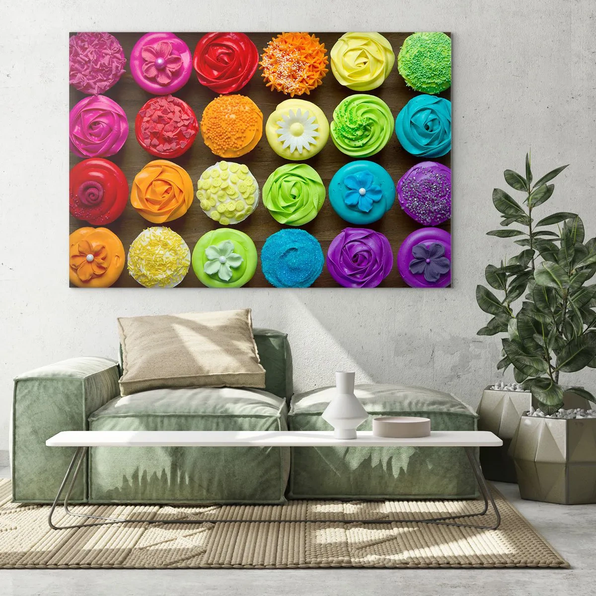 Obraz na skle - Farebné koláčiky s ozdobami na drevenom pozadí - 70x50cm - Každé iné - všetky skvelé - Moderná nástenná dekorácia do obývacej izby a spálne ARTTOR