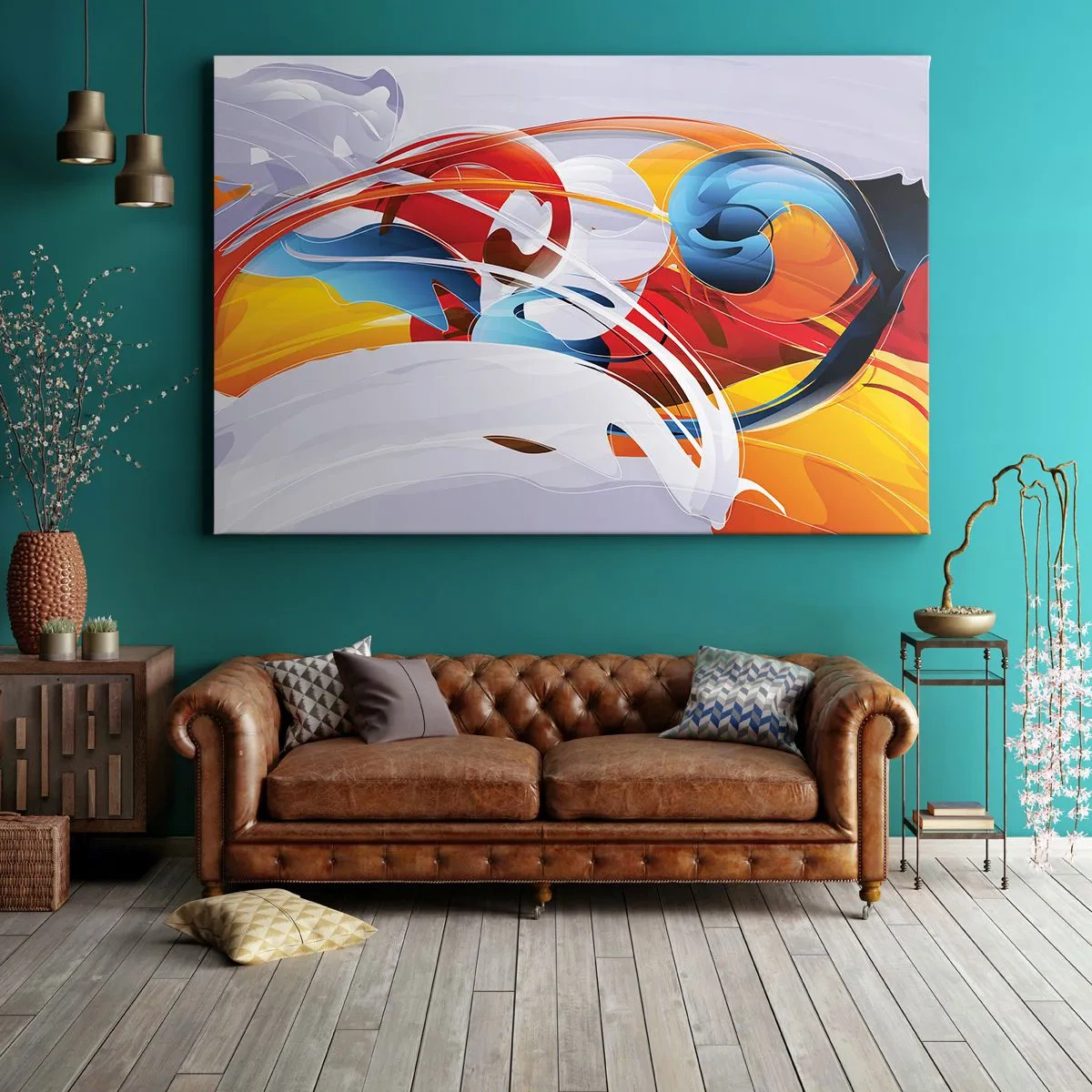 Obraz na plátne - Farebná abstrakcia s dynamickými líniami a živými farbami - 70x50cm - Tanec živlov - Moderná nástenná dekorácia do obývacej izby a spálne ARTTOR