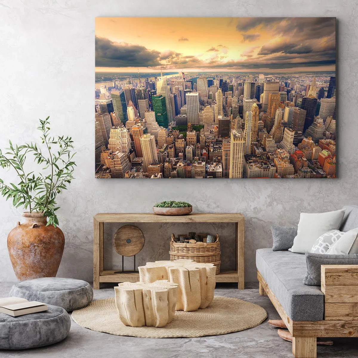 Obraz na plátne - Panoráma mesta s výhľadom na mrakodrapy pri západe slnka - 70x50cm - Pozlátené Metropolis - Moderná nástenná dekorácia do obývacej izby a spálne ARTTOR