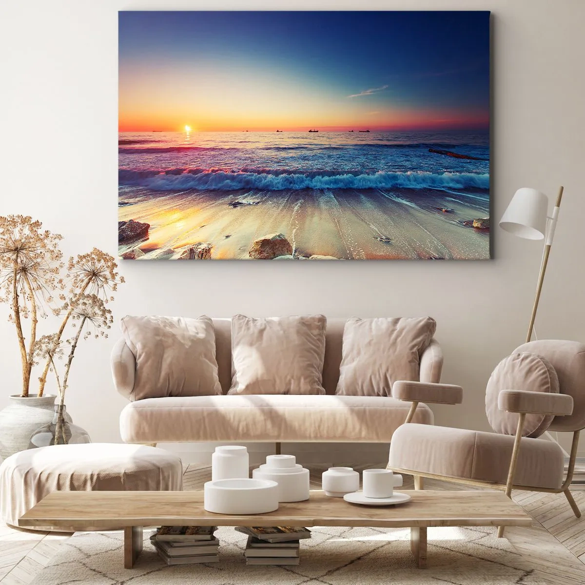 Obraz na plátne - Západ slnka nad pokojným morom s vlnami - 70x50cm - Čo je za obzorom? - Moderná nástenná dekorácia do obývacej izby a spálne ARTTOR