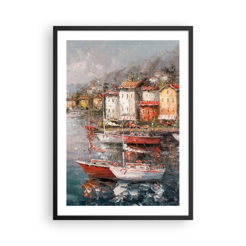 Plagát v čiernom ráme - Malebný prístav s plachetnicami v impresionistickom štýle - 50x70cm - Romantický prístav - Moderná nástenná dekorácia do obývacej izby a spálne ARTTOR