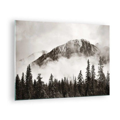 Obraz na skle - Horská krajina s lesom a hmlou v sépiových tónoch - 70x50cm - Žulový panovník - Moderná nástenná dekorácia do obývacej izby a spálne ARTTOR