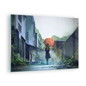 Obraz na skle - Postava s oranžovým dáždnikom na daždivej ulici - 70x50cm - Oživujúci dážď - Moderná nástenná dekorácia do obývacej izby a spálne ARTTOR