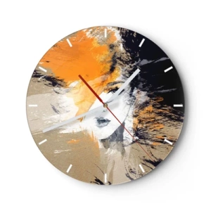 Nástenné hodiny - Abstraktný portrét ženy v teplých odtieňoch oranžovej a béžovej. - 30x30cm - A je svetlo - Moderná nástenná dekorácia do obývacej izby, kuchyne a spálne ARTTOR