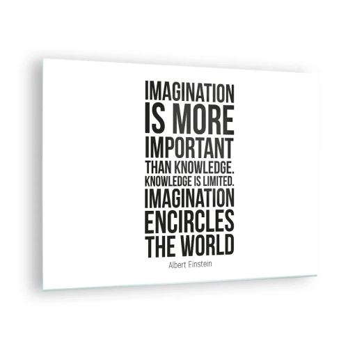 Obraz na skle - Citát o predstavivosti v minimalistickej typografii - 70x50cm - Einstein o sile predstavivosti - Moderná nástenná dekorácia do obývacej izby a spálne ARTTOR