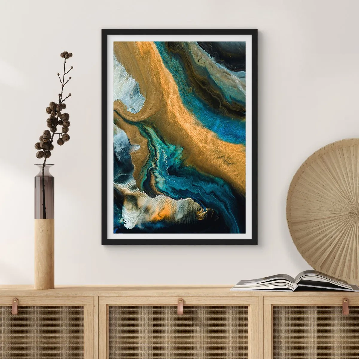 Plagát v čiernom ráme - Modrá – žltá – vzájomné vplyvy - 40x50 cm