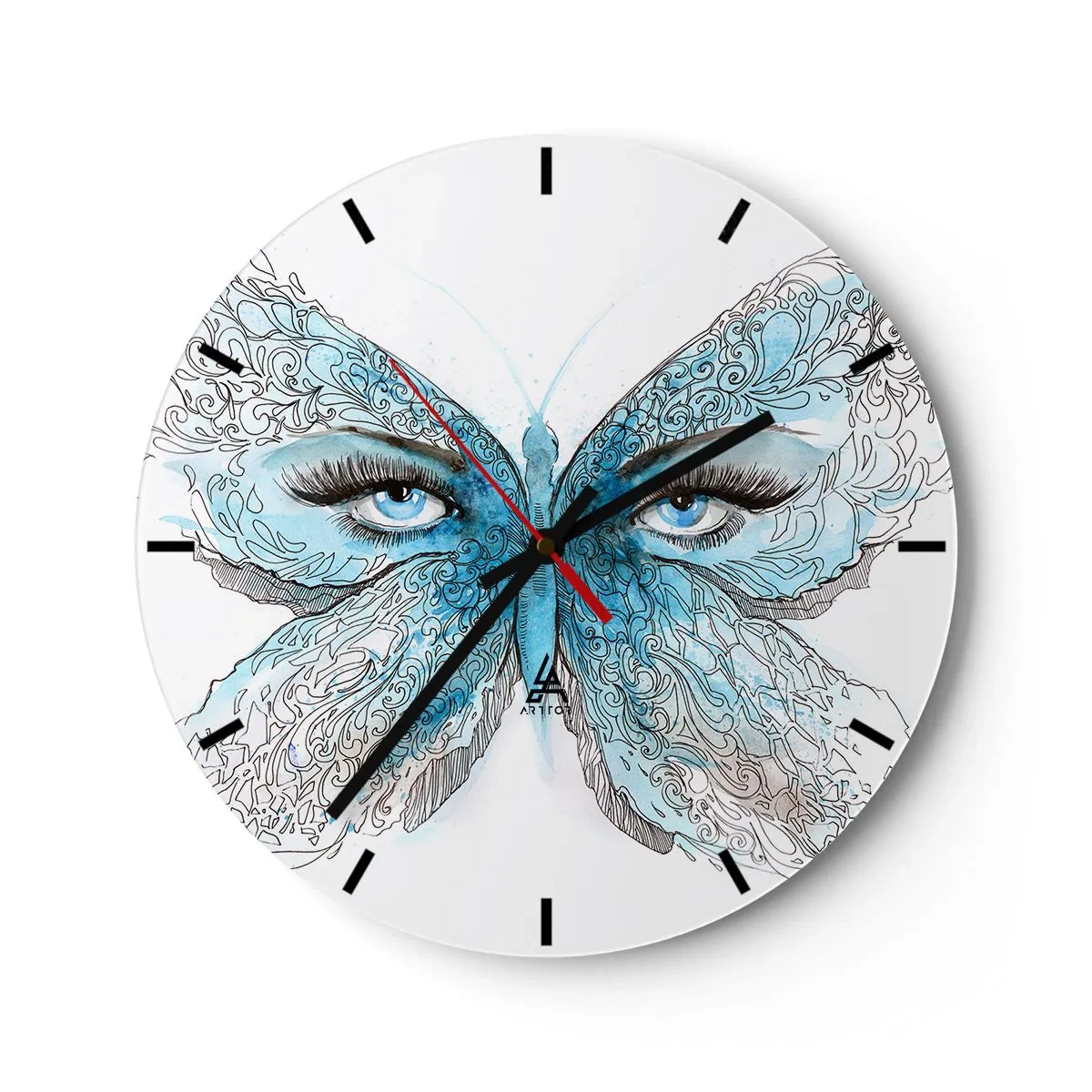 Nástenné hodiny - Modrý motýľ s detailom oka a jemným umeleckým vzorom - 30x30cm - Sýkorka modrinka eros - Moderná nástenná dekorácia do obývacej izby, kuchyne a spálne ARTTOR