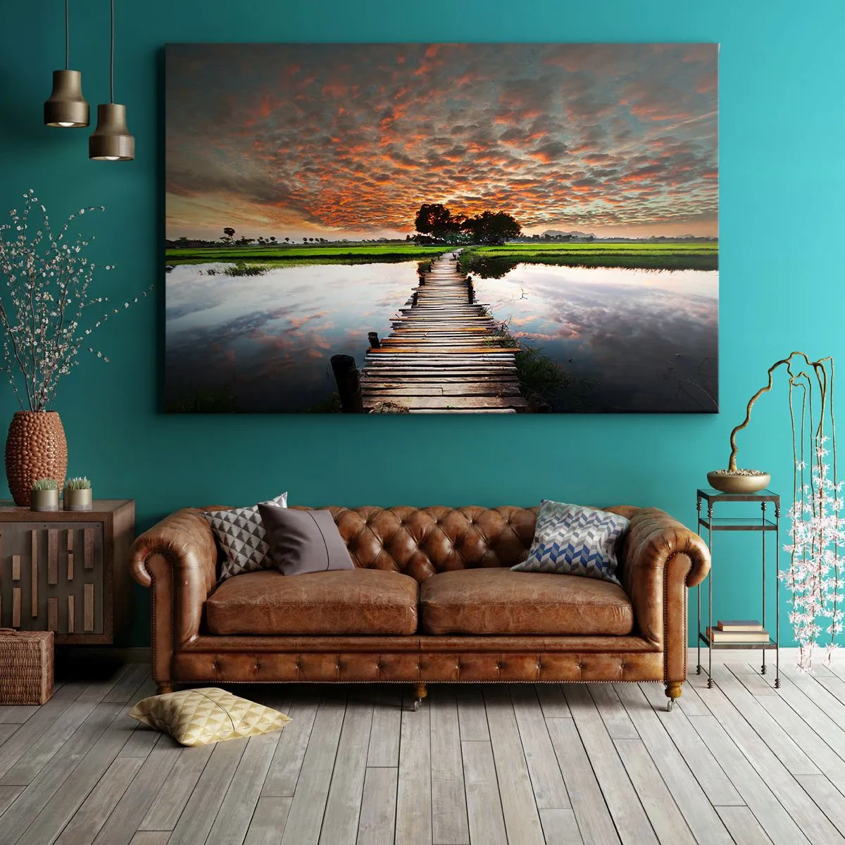 Obraz na plátne - Drevený most cez vodu pri západe slnka - 70x50cm - Roztiahnite ruky - dýchajte  - Moderná nástenná dekorácia do obývacej izby a spálne ARTTOR
