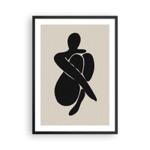 Plagát v čiernom ráme - Abstraktná postava v póze s rukami omotanými okolo tela, čiernobiela ilustrácia - 50x70cm - Vo vlastnom objatí - Moderná nástenná dekorácia do obývacej izby a spálne ARTTOR