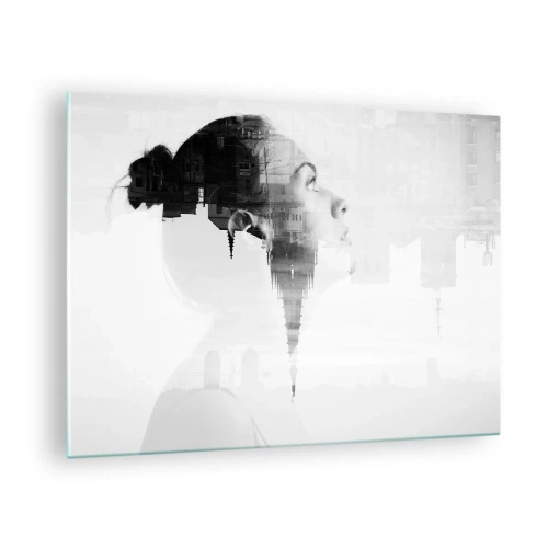 Obraz na skle - Silueta ženy s architektonickými prvkami v pozadí - 70x50cm - Z oboch strán okna - Moderná nástenná dekorácia do obývacej izby a spálne ARTTOR