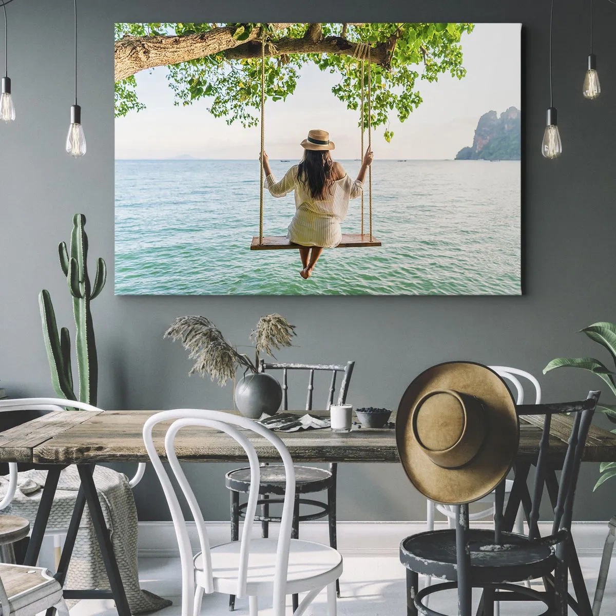 Obraz na plátne - Žena na hojdačke pri mori v tropickej krajine - 70x50cm - Život je krásny - Moderná nástenná dekorácia do obývacej izby a spálne ARTTOR