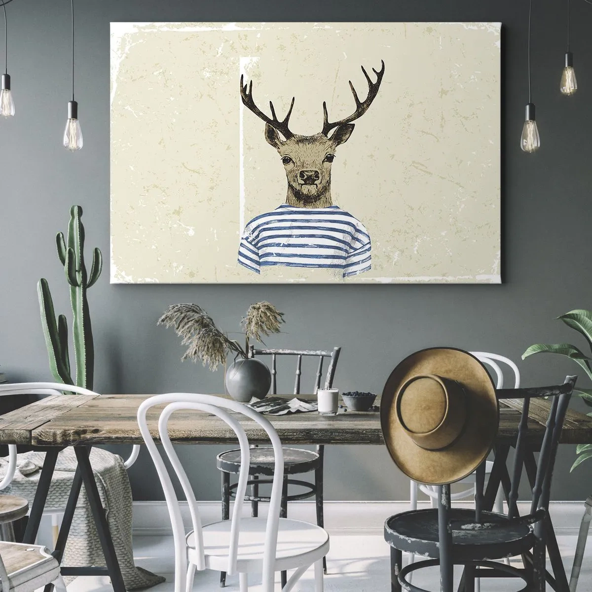 Obraz na plátne - Jeleň v pruhovanej košeli na svetlom pozadí s jemnou textúrou - 70x50cm - Pretože mám rád pruhované košele! - Moderná nástenná dekorácia do obývacej izby a spálne ARTTOR