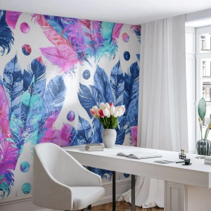 Fototapeta Standard Eco - Akvarelové vzory s pierkami v odtieňoch modrej a ružovej - 100x70cm - Chocholy v ružovej a blankytnej - Moderná nástenná dekorácia do obývacej izby a spálne ARTTOR