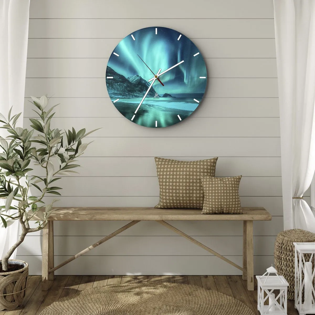 Nástenné hodiny - Aurora Borealis nad hornatým pobrežím v noci - 30x30cm - Divy severu - Moderná nástenná dekorácia do obývacej izby, kuchyne a spálne ARTTOR