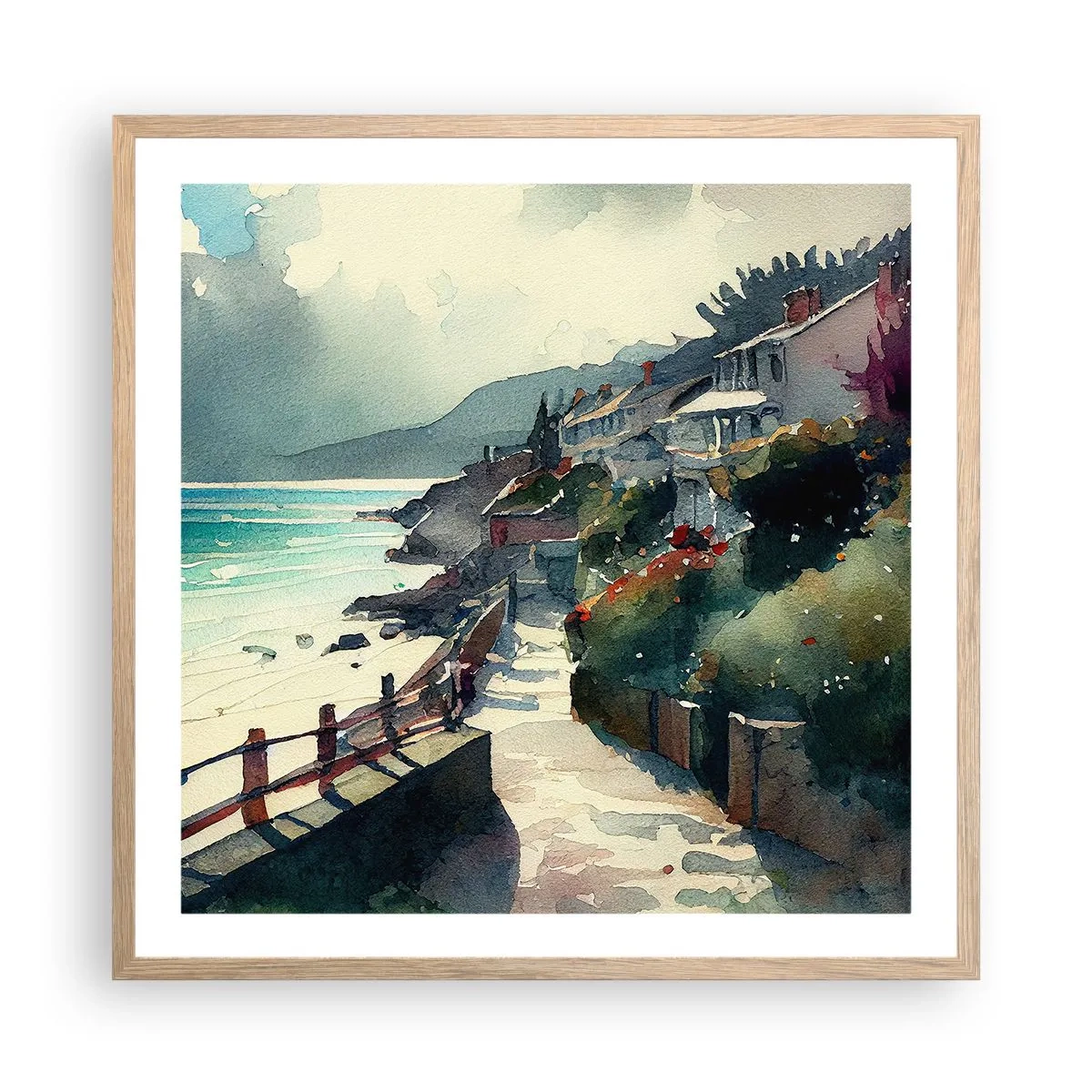 Plagát v ráme zo svetlého duba - Stredomorské mestečko - 60x60 cm