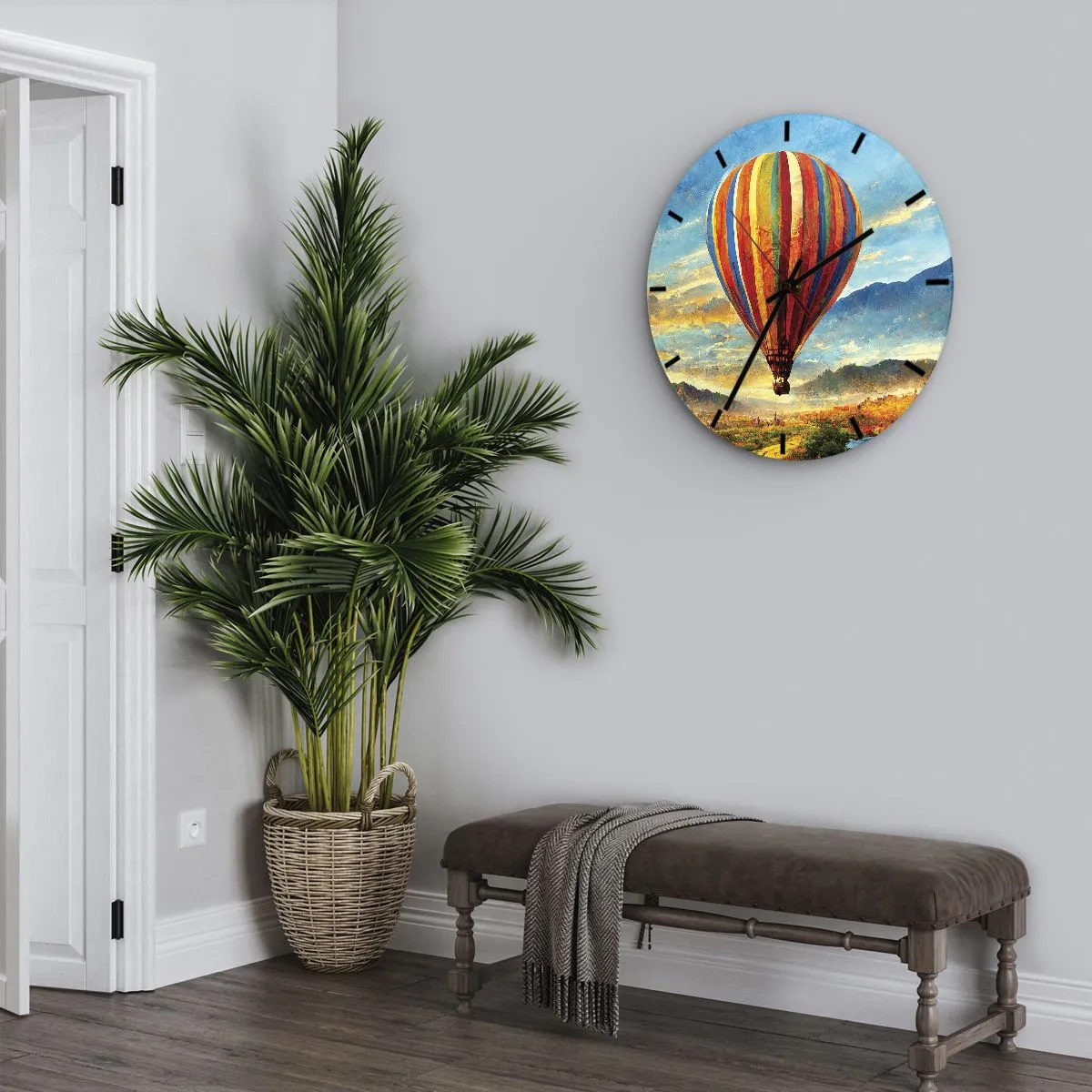 Nástenné hodiny - Farebný balón na pozadí horskej krajiny pri východe slnka - 30x30cm - V tichu je toho vidieť viac - Moderná nástenná dekorácia do obývacej izby, kuchyne a spálne ARTTOR