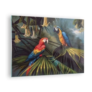 Obraz na skle - Dva farebné papagáje na pozadí tropickej džungle - 70x50cm - Romantizmus v trópoch - Moderná nástenná dekorácia do obývacej izby a spálne ARTTOR
