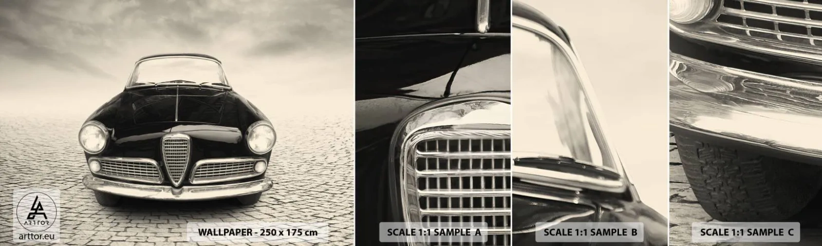 Vzorka samolepiacej fototapety Deluxe Sticker - Ako ma nemilovať? - Auto, Vintage, Čierna a biela - 100x30 cm