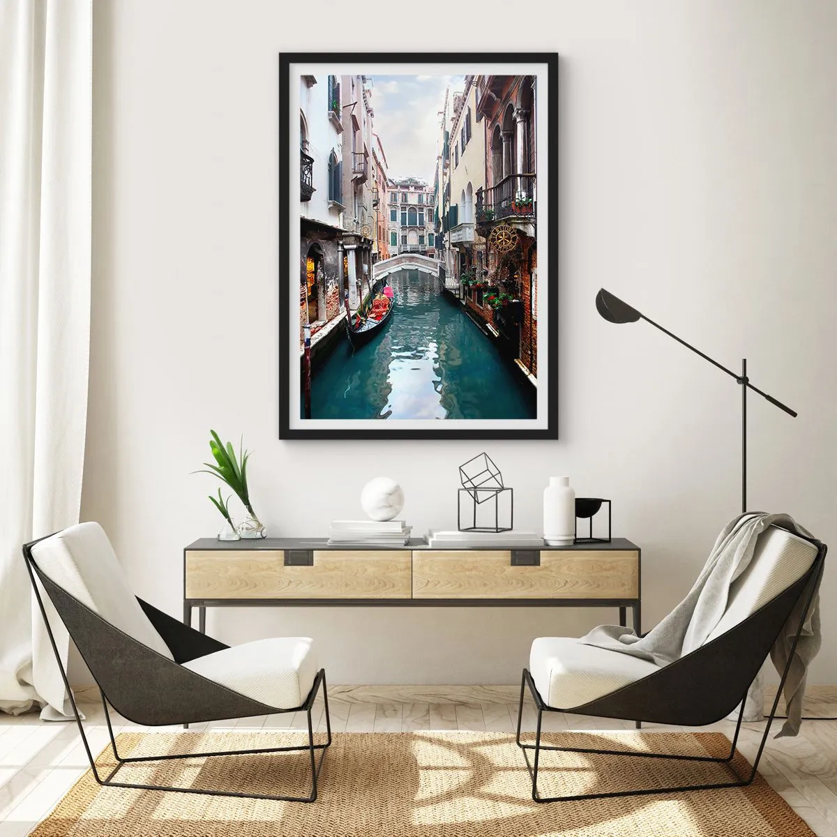 Plagát v čiernom ráme - Benátska krajina s gondolou a mostíkom - 61x91 cm