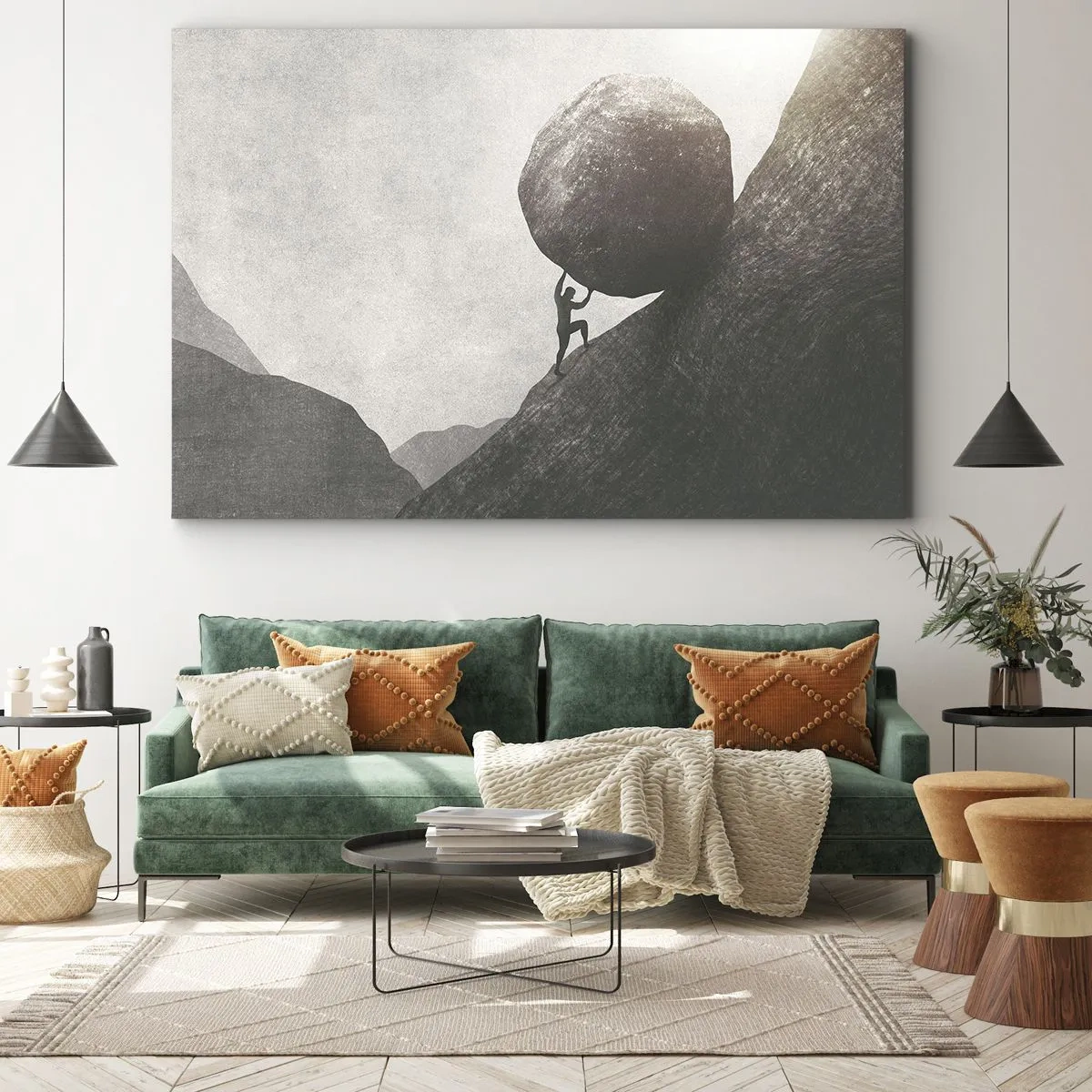 Obraz na plátne - Muž lezie na obrovský balvan do kopca - 70x50cm - Verím, proti všetkej nádeji - Moderná nástenná dekorácia do obývacej izby a spálne ARTTOR