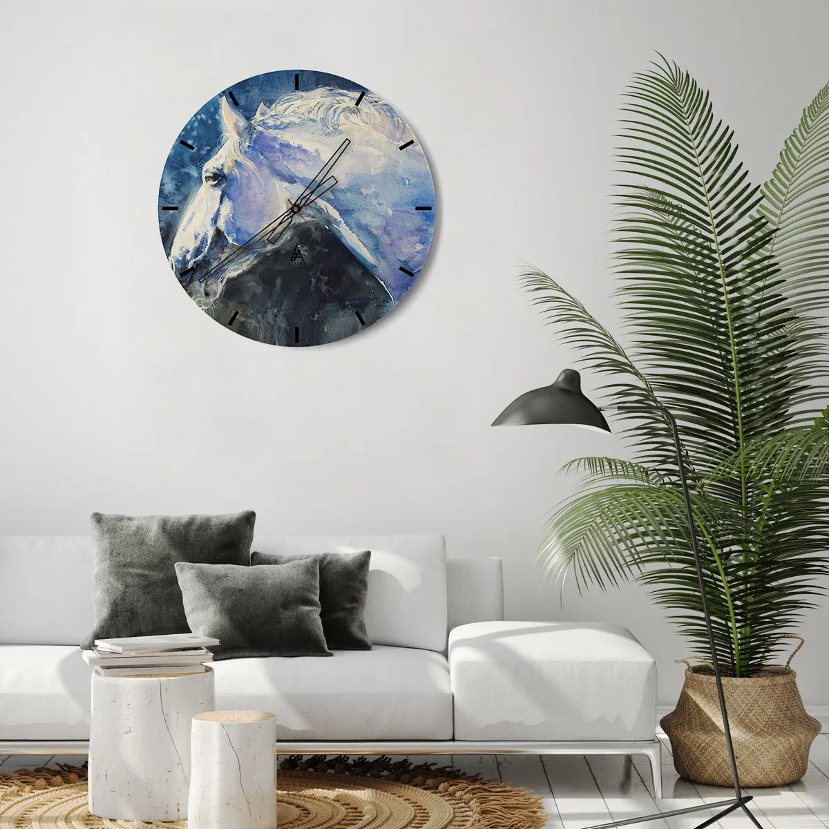 Nástenné hodiny - Umelecký portrét koňa v odtieňoch modrej a bielej - 30x30cm - Portrét v modrej žiare - Moderná nástenná dekorácia do obývacej izby, kuchyne a spálne ARTTOR