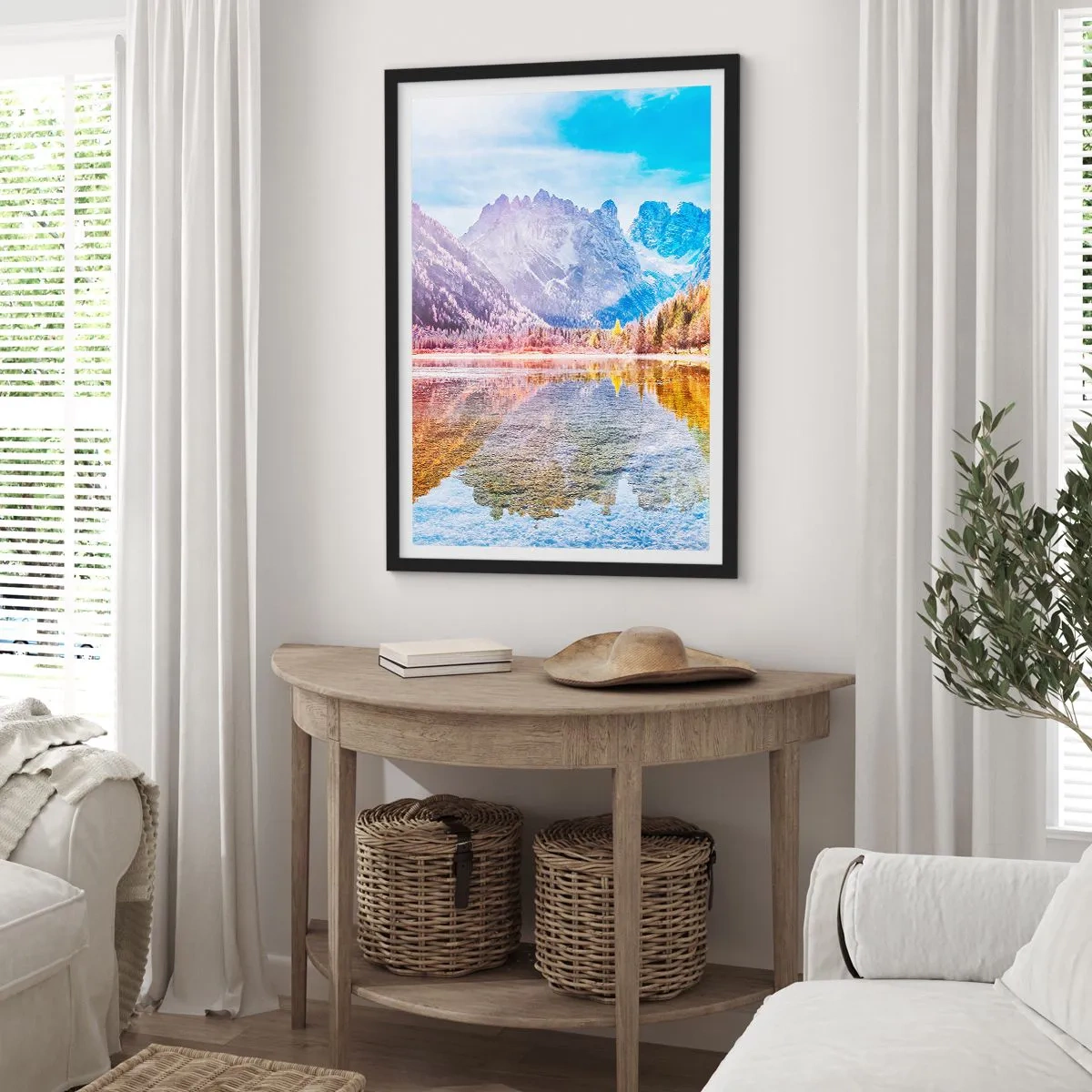 Plagát v čiernom ráme - Horská krajina s jazerom a jesennými farbami - 50x70cm - A v horách už je jeseň - Moderná nástenná dekorácia do obývacej izby a spálne ARTTOR