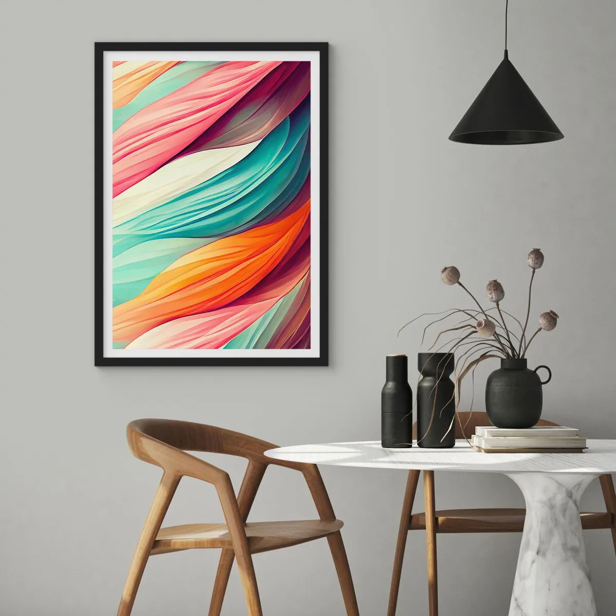 Plagát v čiernom ráme - Abstraktná kompozícia vlnovkových čiar v intenzívnych farbách. - 50x70cm - Dúhový uzol - Moderná nástenná dekorácia do obývacej izby a spálne ARTTOR
