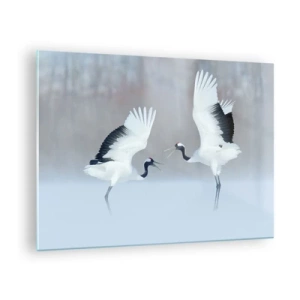 Obraz na skle - Tancujúce žeriavy na pozadí zimnej krajiny - 70x50cm - Tanec v hmle - Moderná nástenná dekorácia do obývacej izby a spálne ARTTOR