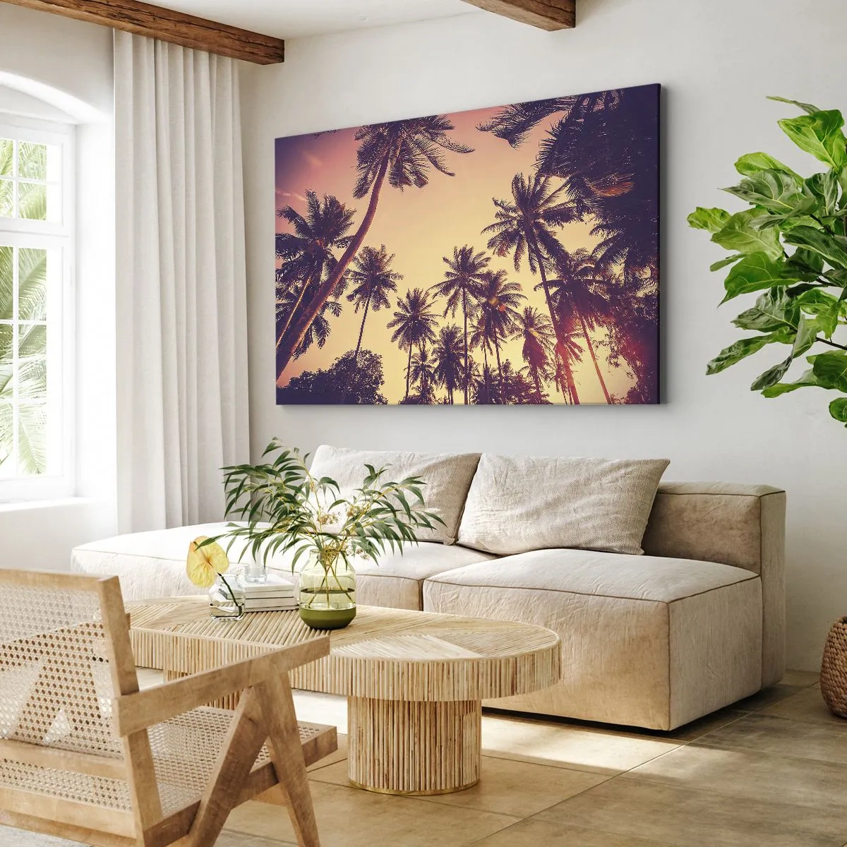 Obraz na plátne - Palmy proti oblohe s teplými farbami západu slnka - 70x50cm - Tropická variácia - Moderná nástenná dekorácia do obývacej izby a spálne ARTTOR