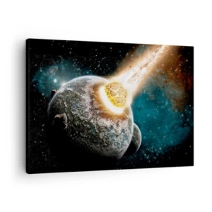 Obraz na plátne - Kozmická zrážka planéty s asteroidom v blízkosti galaxie. - 70x50cm - Skaza alebo narodenie? - Moderná nástenná dekorácia do obývacej izby a spálne ARTTOR