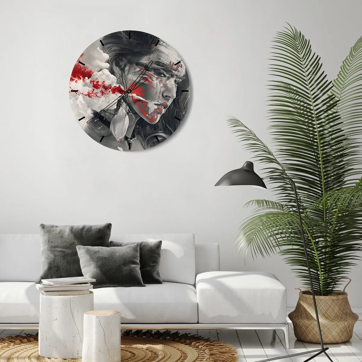Nástenné hodiny - Ženská tvár s abstraktnými červenými a bielymi akcentmi - 30x30cm - V škárach absurdity - Moderná nástenná dekorácia do obývacej izby, kuchyne a spálne ARTTOR
